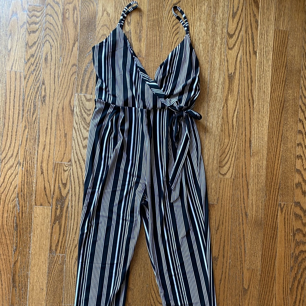 Planet Gold Black and white stripe wrap jumpsuit